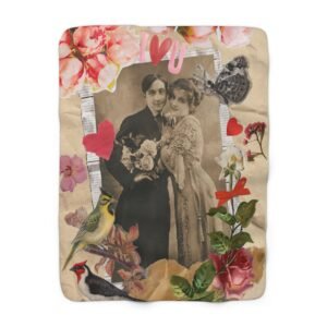 Vintage Wedding Photo collage Sherpa Blanket | Floral Birds Hearts